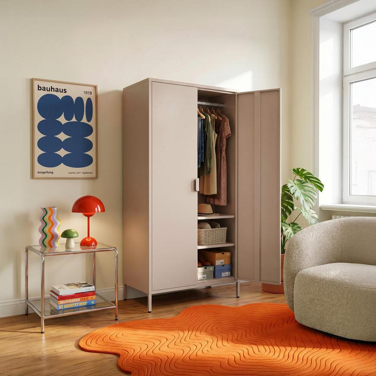 KLEIDERSCHRANK im Industrial-Design aus Metall H.170cm 2 Türen, 4 Ablagefächer, 2 Kleiderstangen Beige - Thea - Beige, Metall (80/170/45cm) - Sicaan