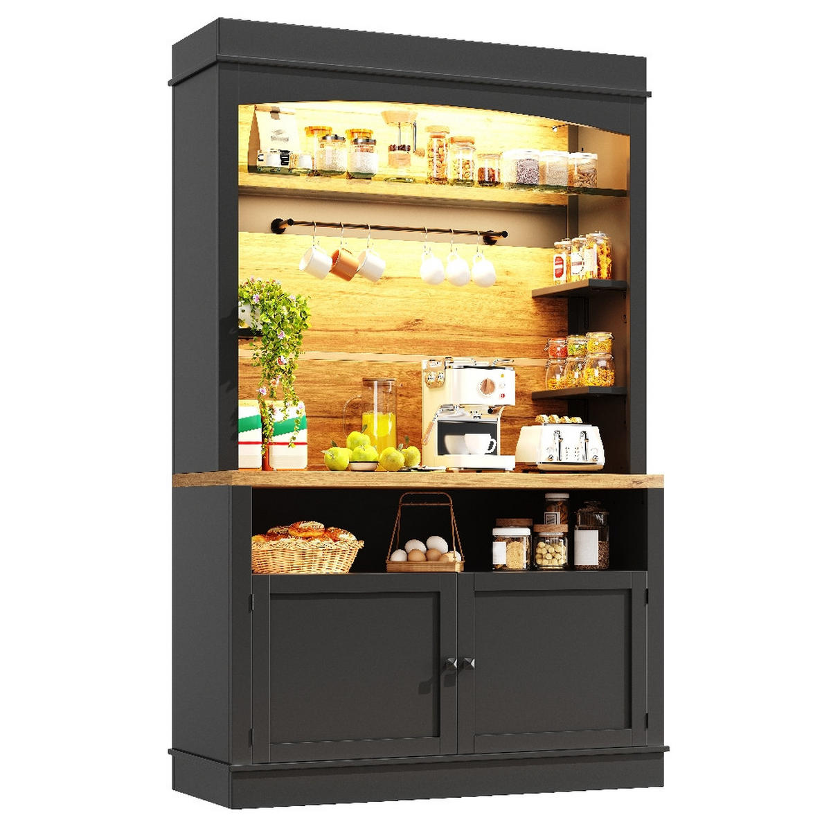 KÜCHENSCHRANK MIT LED-BELEUCHTUNG, Anrichte, MDF, Schwarz, 107/184/43 cm - Schwarz, Kunststoff (47/104/184cm) - Rolipo