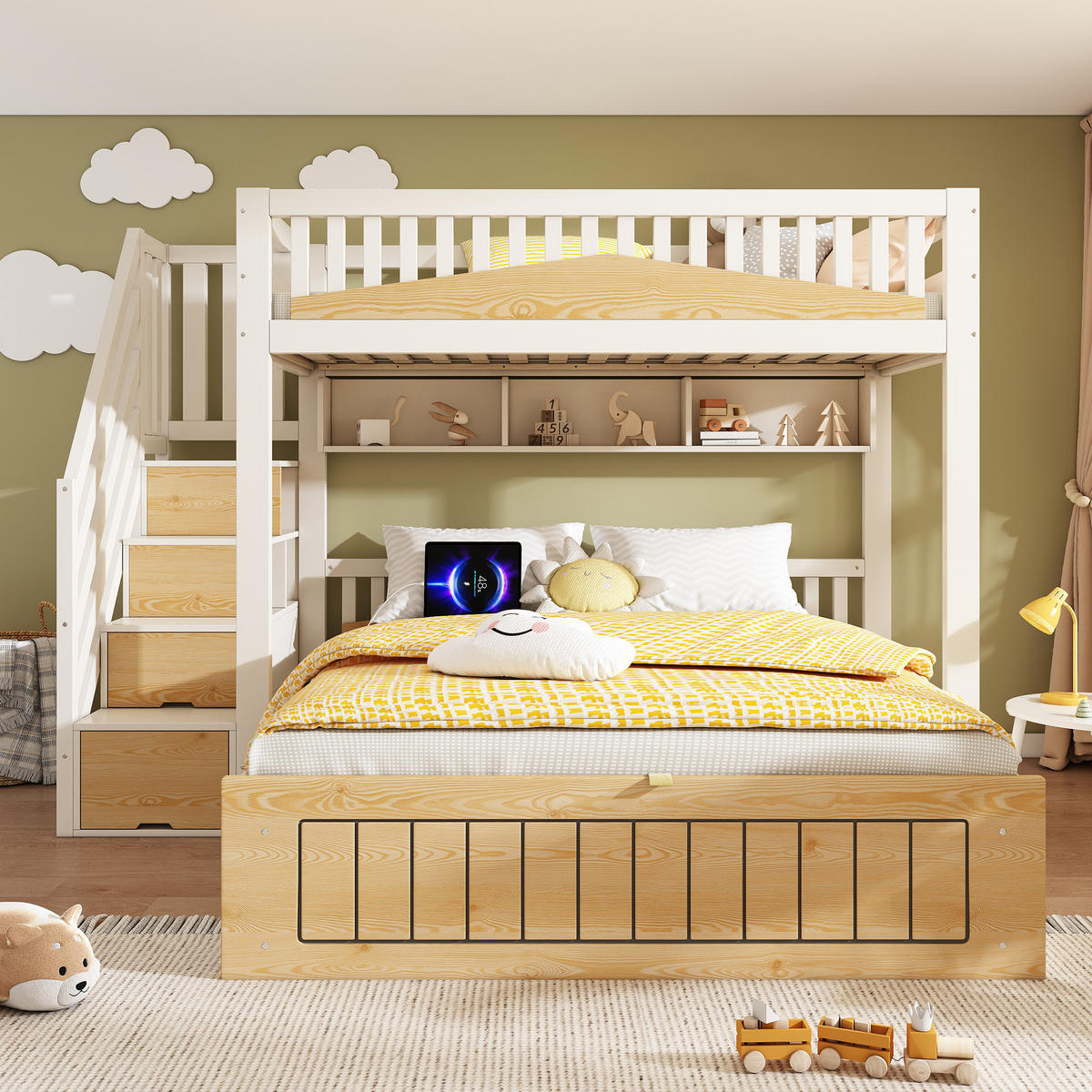 ETAGENBETT 90/140/200 cm mit Stauraum, Treppenschrank und USB/USB-C, Weiß/Natur - Weiß, Holzwerkstoff (90/200cm) - Redom