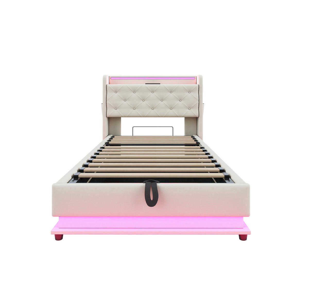 KINDERBETT 90/200 cm mit LED-Beleuchtung, USB und hydraulischem Stauraum, Beige - Beige, Textil (90/200cm) - Redom