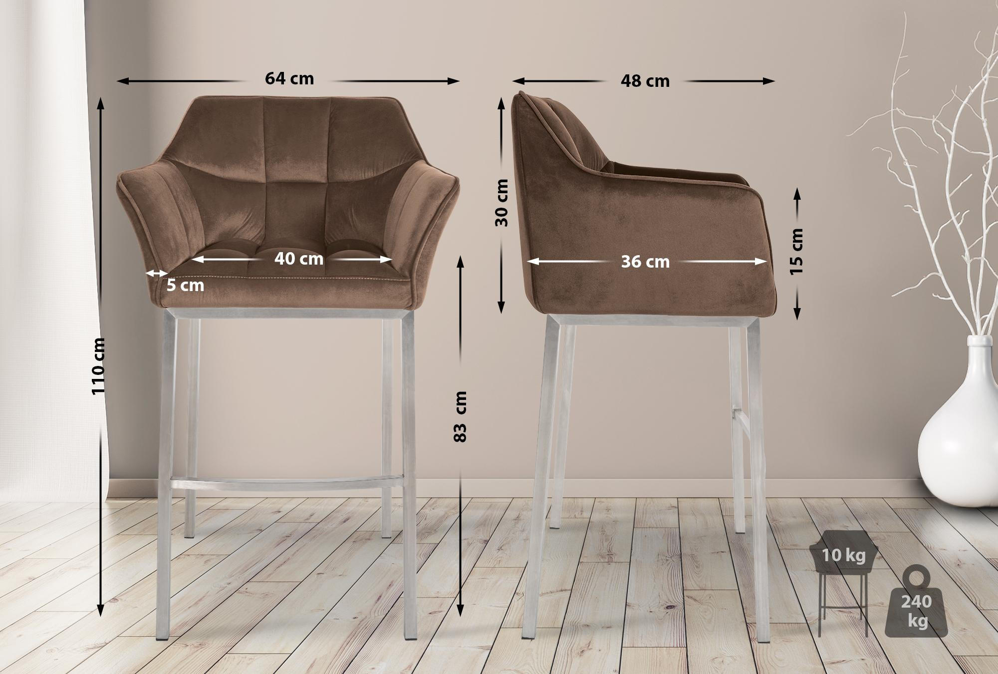BARHOCKER Samt Braun - Edelstahlfarben/Braun, Textil/Metall (64/110/48cm) - CLP