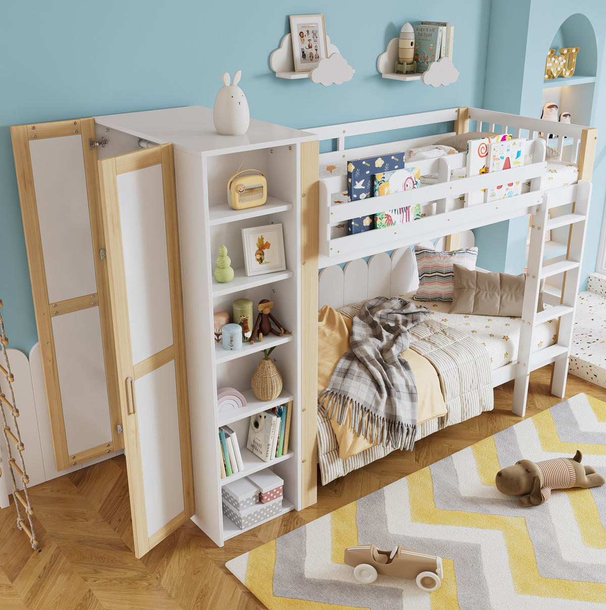 ETAGENBETT 90/200 cm in Weiß/Natur mit Kleiderschrank und Regalen - Weiß, Holzwerkstoff (90/200cm) - BEAOK