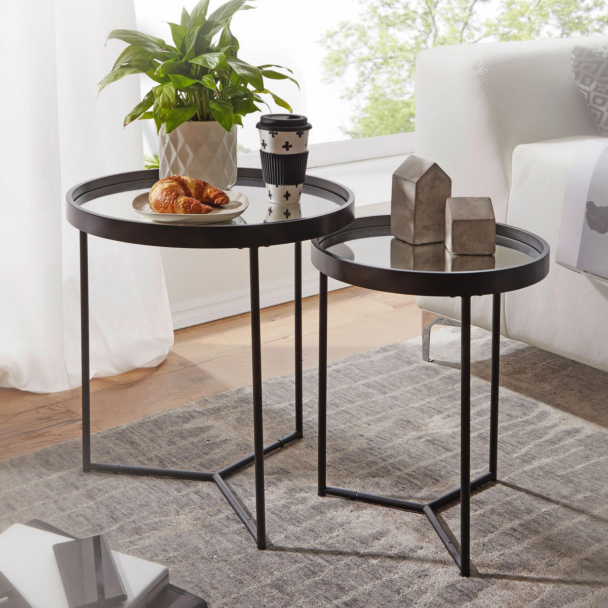 SATZTISCH Set – 2-teilig Metall Holz Schwarz pflegeleicht 3 kg belastbar - Schwarz, Holz/Metall (45/45/50cm) - KADIMA DESIGN