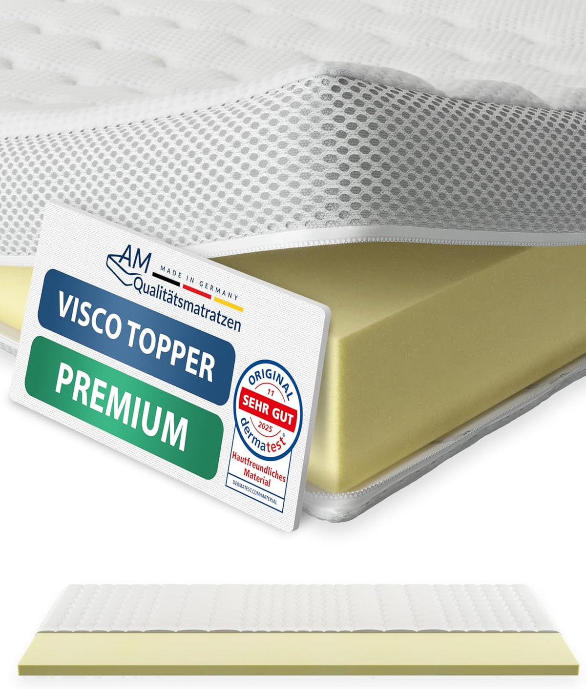 VISCOTOPPER 90/200 cm - výška 6 cm a potah z tencelu - bílá, textil (90/200cm) - AM Qualitätsmatratzen