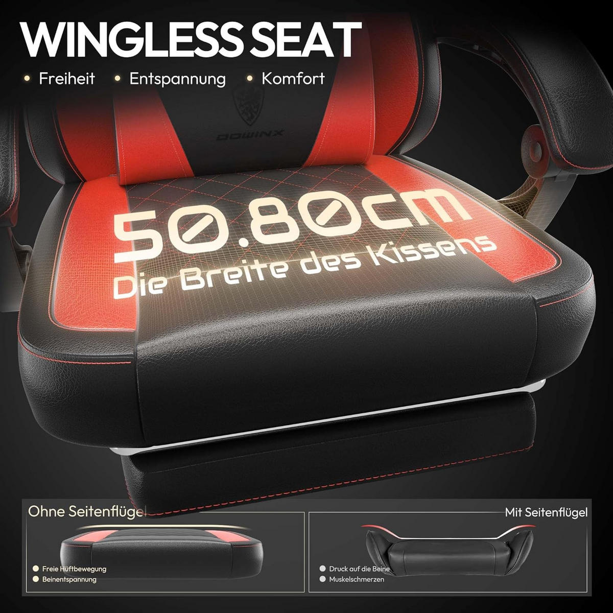 GAMING-STUHL ergonomischer mit Lendenwirbelstütze, Fußstütze, PU-Leder - Rot, Leder (65/127/63cm)