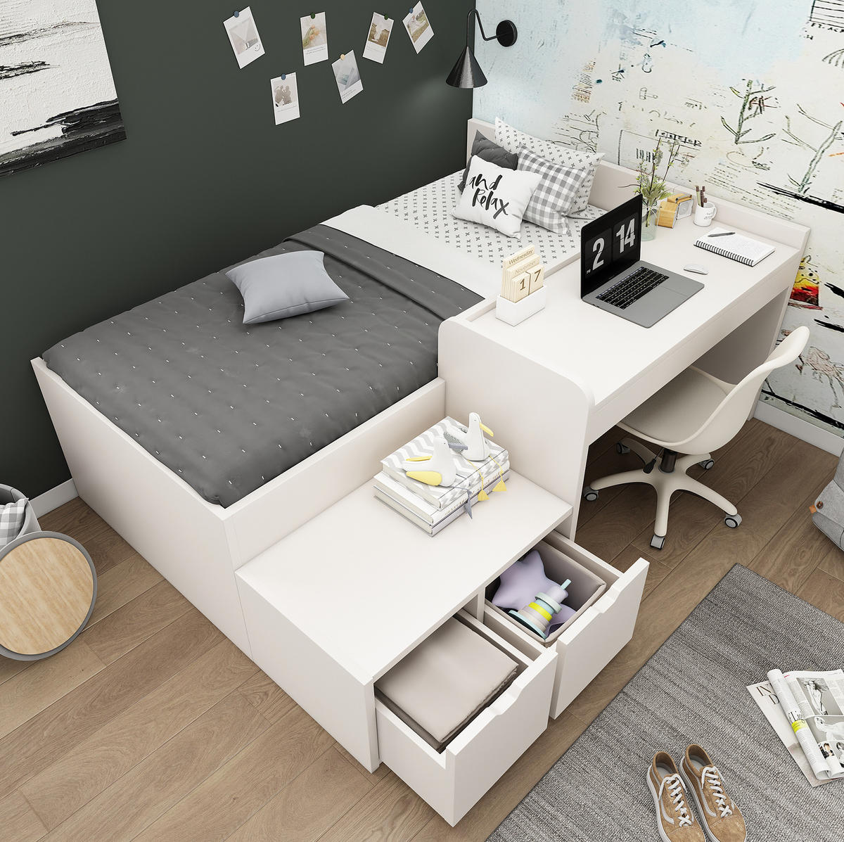 KINDERBETT 90/200 cm mit Schreibtisch und 2 Schubladen aus Massivholz und MDF, platzsparend, Weiß - Weiß, Holzwerkstoff - Redom