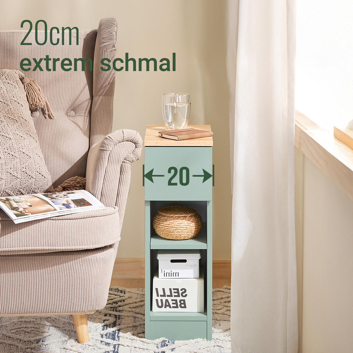 NACHTTISCH mit Schublade, schmal Grün 20x61x35cm - Grün, Holzwerkstoff (20/61/35cm) - SoBuy