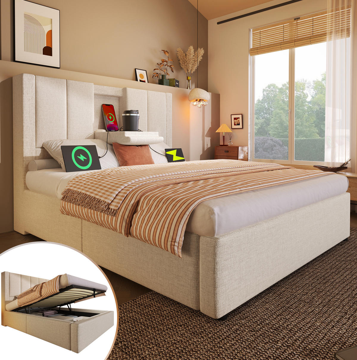 POLSTERBETT mit Stauraum & Ladestation 90x200 cm Leinen Beige - Beige, Metall (90/200cm) - Meubliv