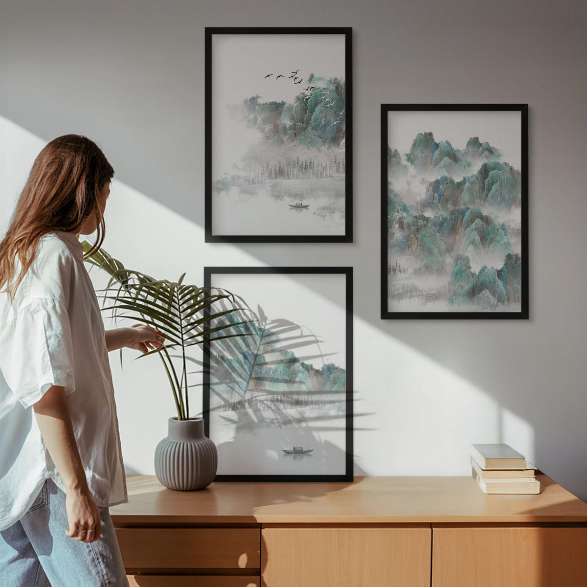 WANDBILDER 3er-Set - 40x60 cm Schwarzer Rahmen - Berge, Wolken, Vögel, Boot, Japandi - Schwarz, Kunststoff (40/60cm) - ArtPrintCave