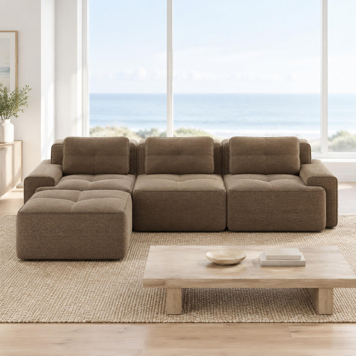MODULSOFA aus Cordstoff Braun 293x177x69 cm mit Ottoman und rutschfester Unterseite - Braun, Textil (177/293cm) - IVMEU
