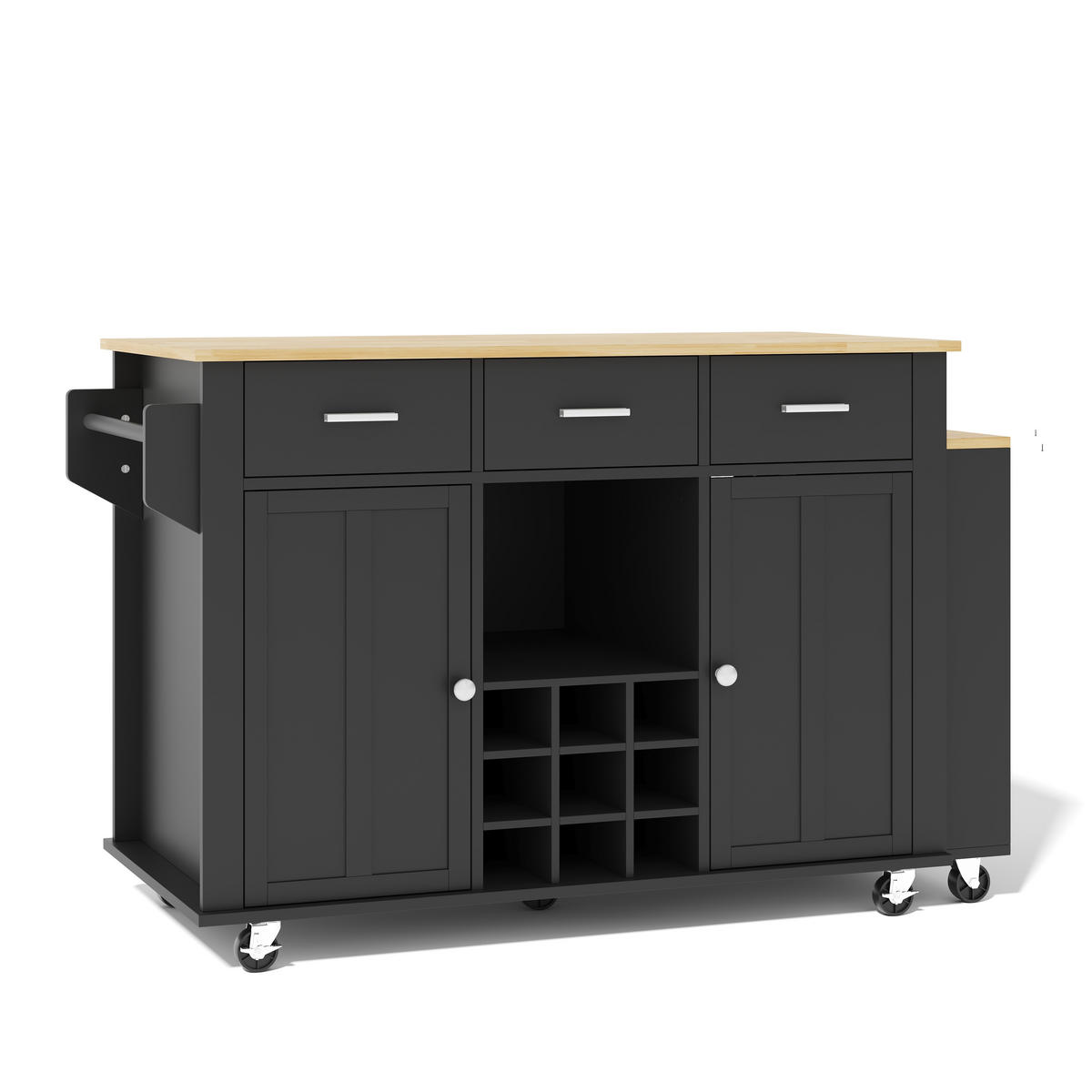 KÜCHENINSEL 93 cm MDF Schwarz Natur mit Ausziehbarer Arbeitsplatte und Weinregal - Schwarz, Holzwerkstoff (50/93/136cm) - Korfee