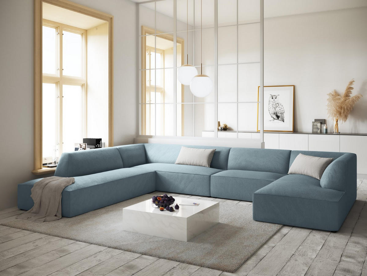 PANORAMASOFA links Ruby aus Cord hellblau 7 Sitzplätze - Hellblau, Textil (273/69/366cm) - Micadoni