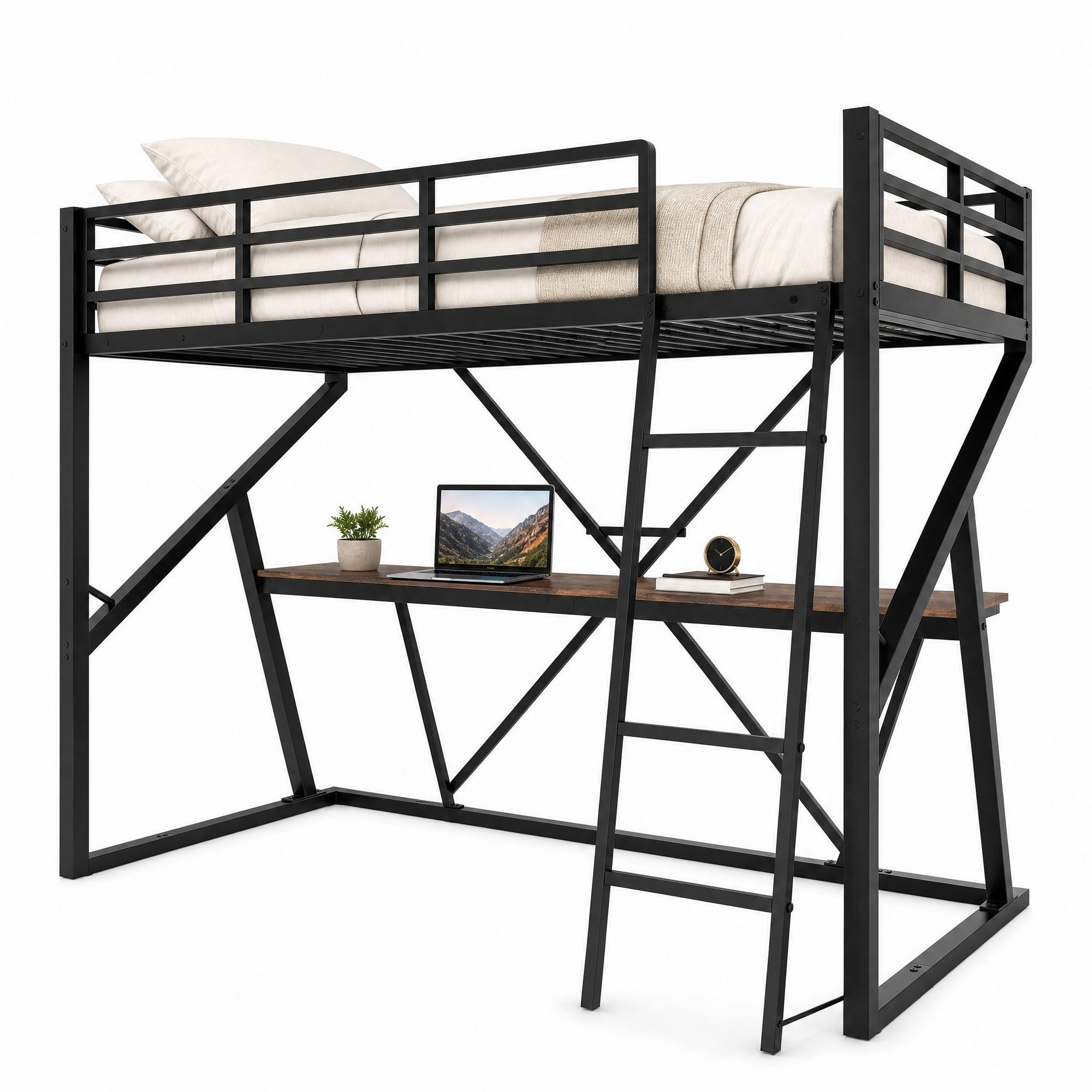HOCHBETT 90/200 cm aus Metall mit Schreibtisch, LED, Schwarz - Schwarz, Metall (90/200cm) - OKMYHOME