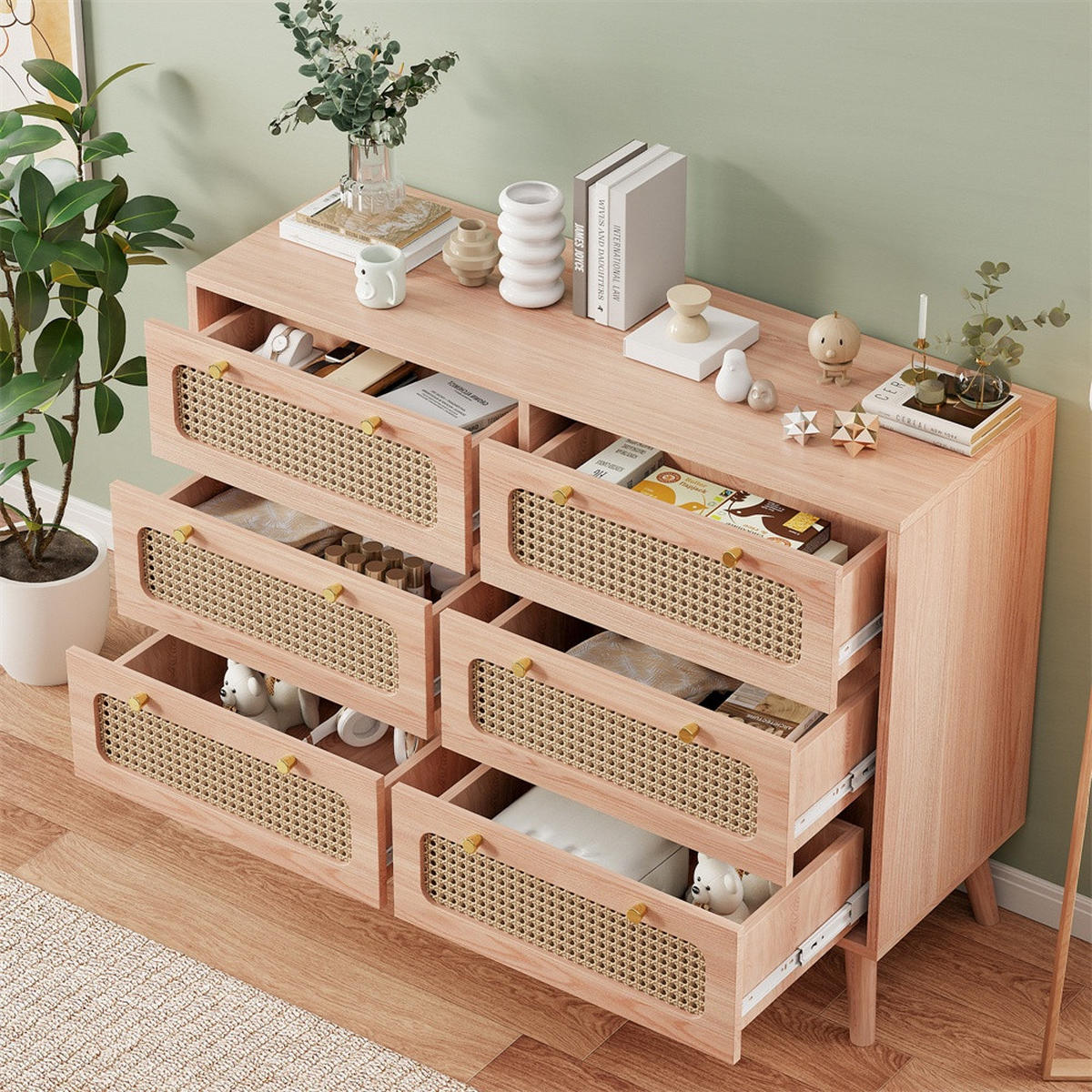 KOMMODE mit 6 Schubladen - Beine aus Massivholz - Rattan-Kommode für Wohnzimmer und Schlafzimmer - Eiche - Eichefarben, Holzwerkstoff (100/73/34cm) - DELFA