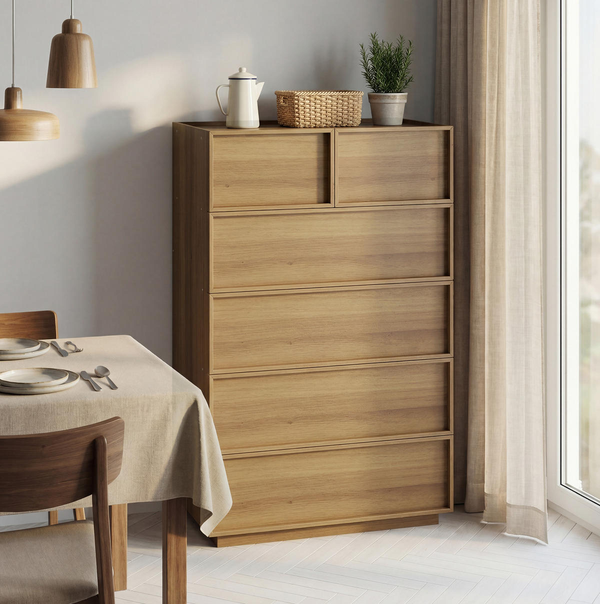 KOMMODE 80/48/127 cm in Eichefarben mit 6 Schubladen und griffloser Front - Nussbaumfarben, Holzwerkstoff (80/127/48cm) - Flora Grace