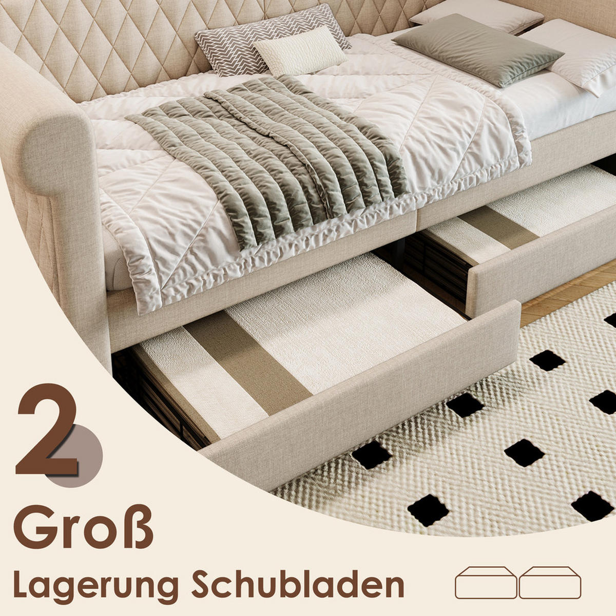 TAGESBETT 90x200cm Vintage Schlafsofa 2 Schubladen Beige Leinen - Beige, Holz (90/200cm) - FLIEKS