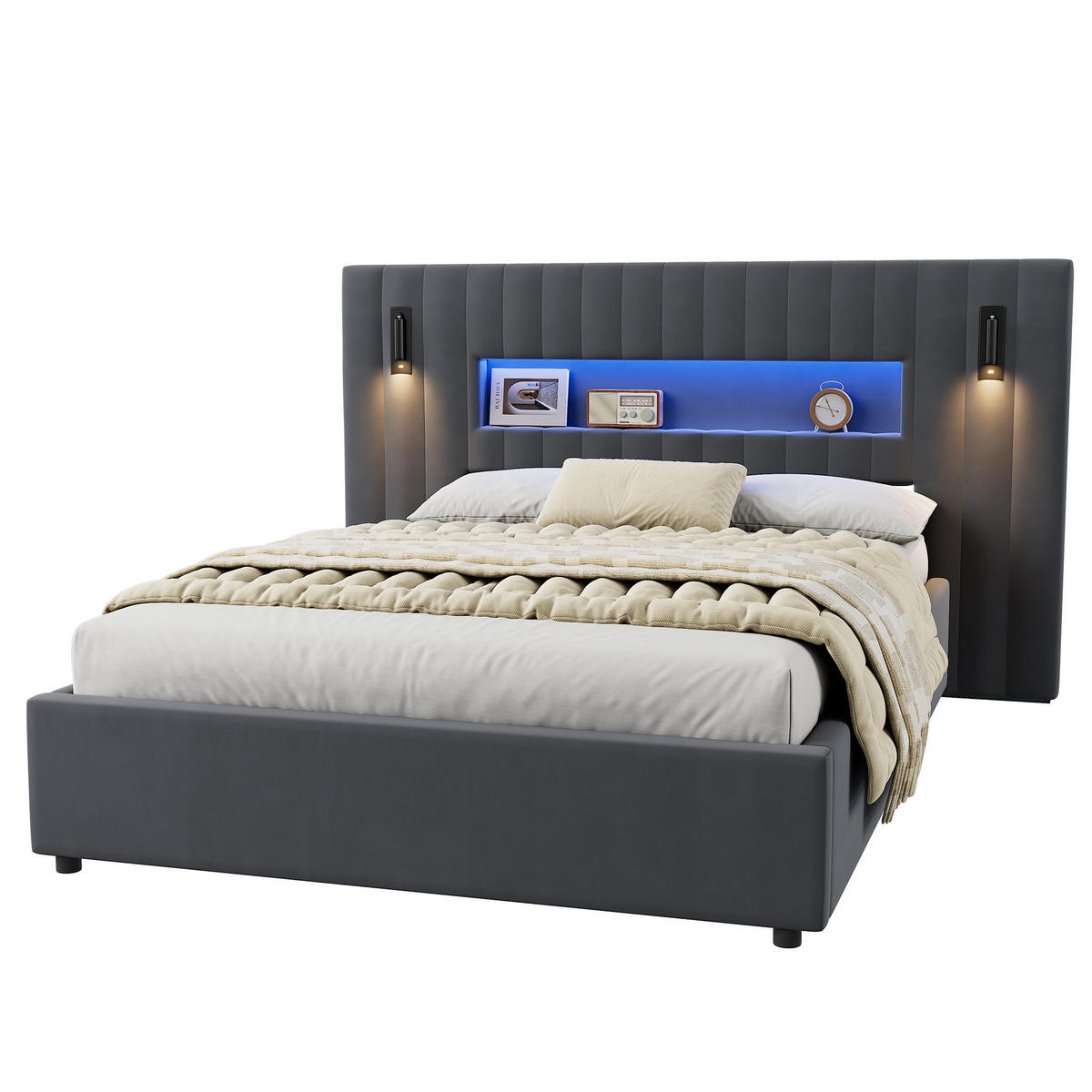 ČALOUNĚNÁ postel 140/200 cm tmavě šedá ze sametu s hydraulickým úložným prostorem, LED čtecími lampami a USB konektory - tmavě šedá, textil (140/200cm) - OKWISH