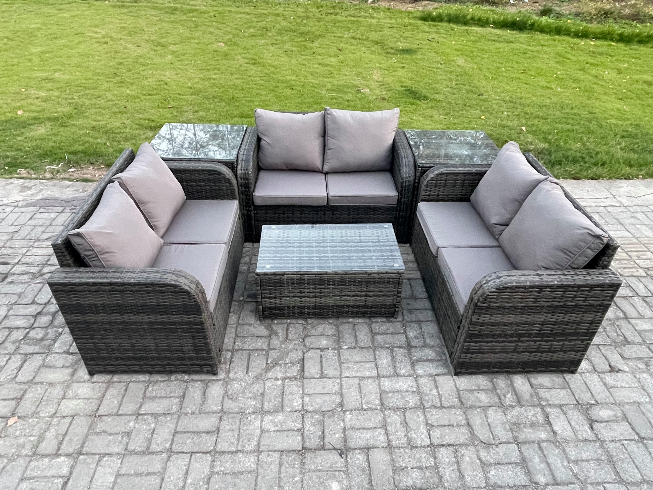 GARTENMÖBELGARNITUR mit KISSEN Polyrattan Dunkelgrau 6-Sitzer - Dunkelgrau/Grau, Glas/Kunststoff - Fimous