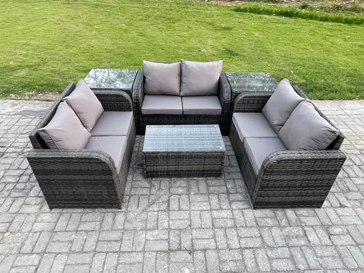 GARTENMÖBELGARNITUR mit KISSEN Polyrattan Dunkelgrau 6-Sitzer - Dunkelgrau/Grau, Glas/Kunststoff - Fimous