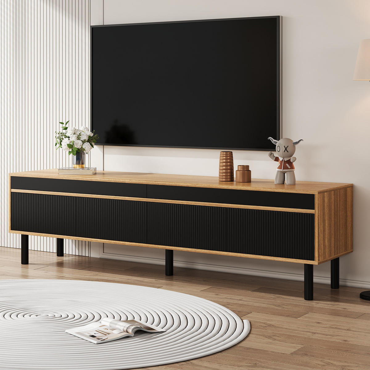 TV stolek 170/38/47 cm s 4 dvířky a bezúchytkovým otevíráním, Černá a přírodní - černá, kompozitní dřevo (170/47/38cm) - Redom