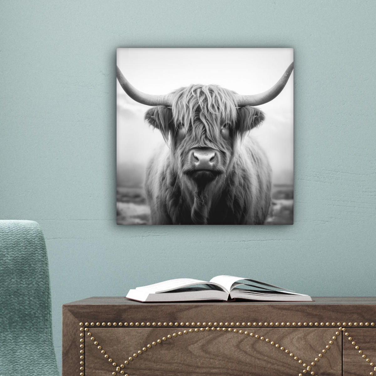 LEINWANDBILD - Schottischer Highlander - Nebel - Schwarz - Weiß - 20x20 - Wandbilder - Grau, Textil (20/20cm) - MuchoWow