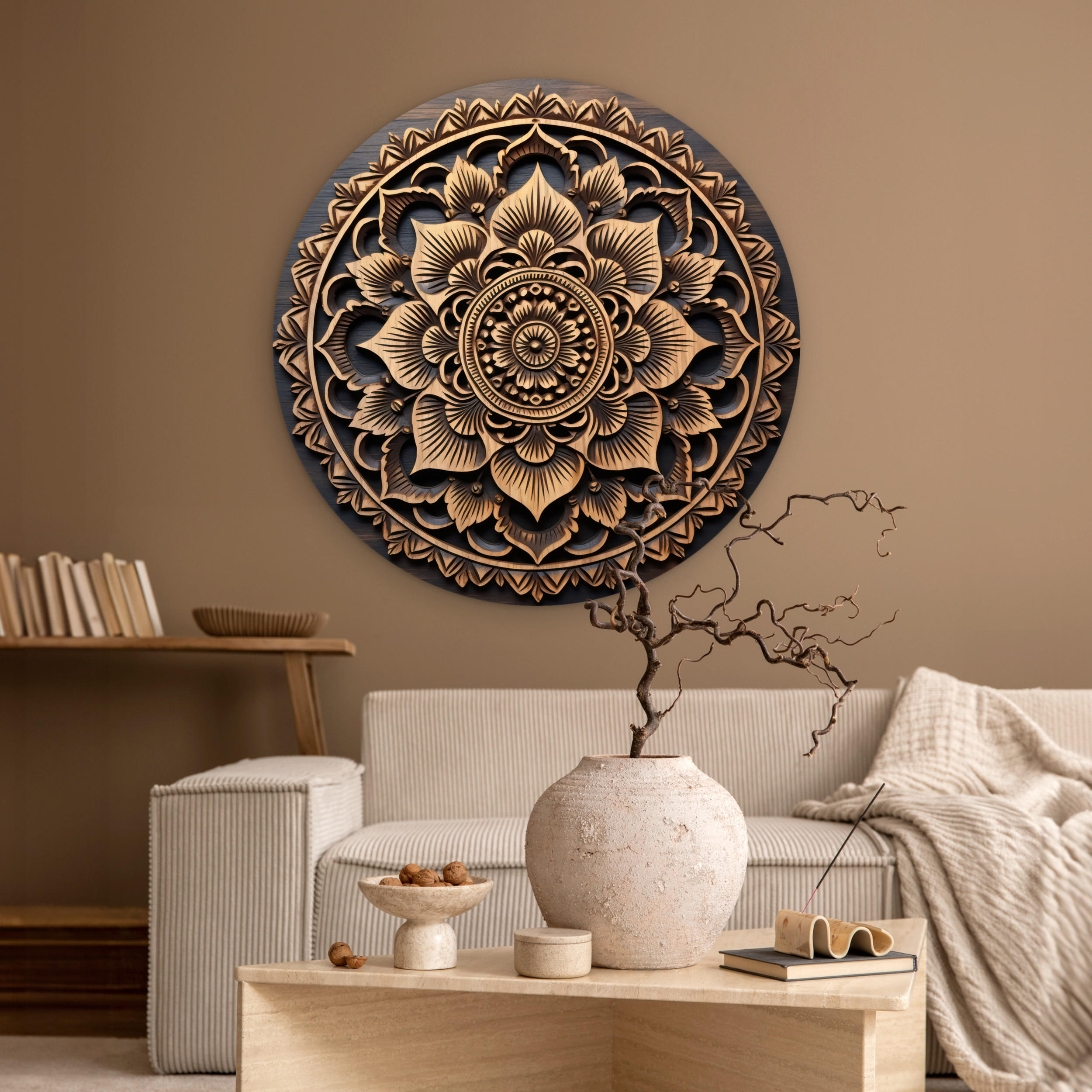WANDBILD Mandala - Holz - Blumen - Braun 90x90 cm - Gelb, Kunststoff (90/90cm) - MuchoWow