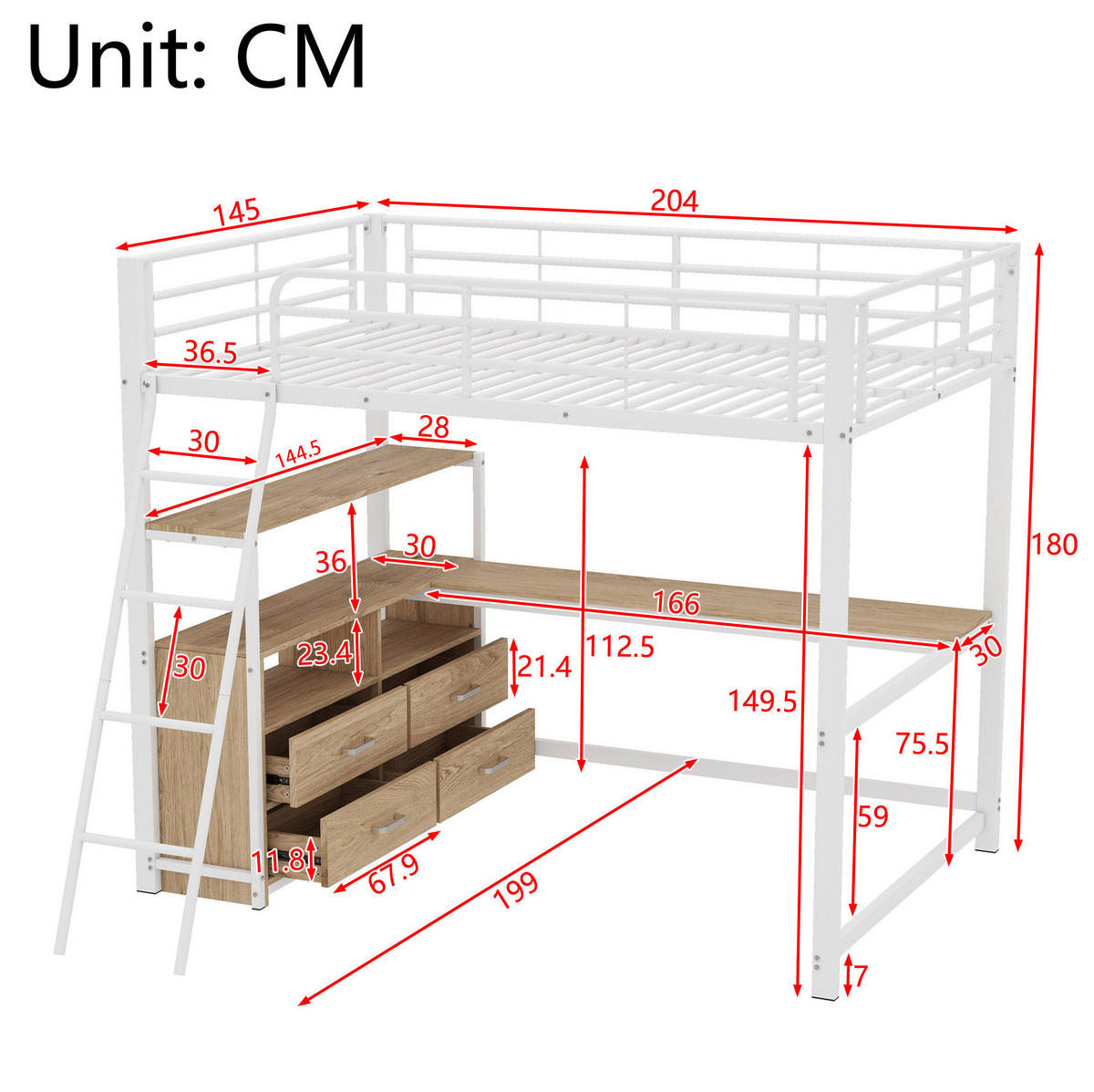 HOCHBETT 140/200 cm mit L-förmigem Schreibtisch, 4 Schubladen und MDF-/Metallgestell, Weiß - Weiß, Holzwerkstoff (140/200cm) - Redom