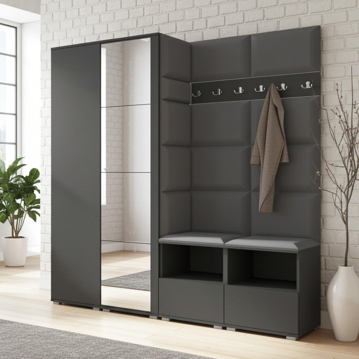GARDEROBE NELA VI 200 cm (Modulare Flurmöbel Graphit mit Spiegel & Sitzpolster Dunkelgrau 15 Universell) - Dunkelgrau/Silberfarben, Holz/Holzwerkstoff (200/187/40cm) - Ravio