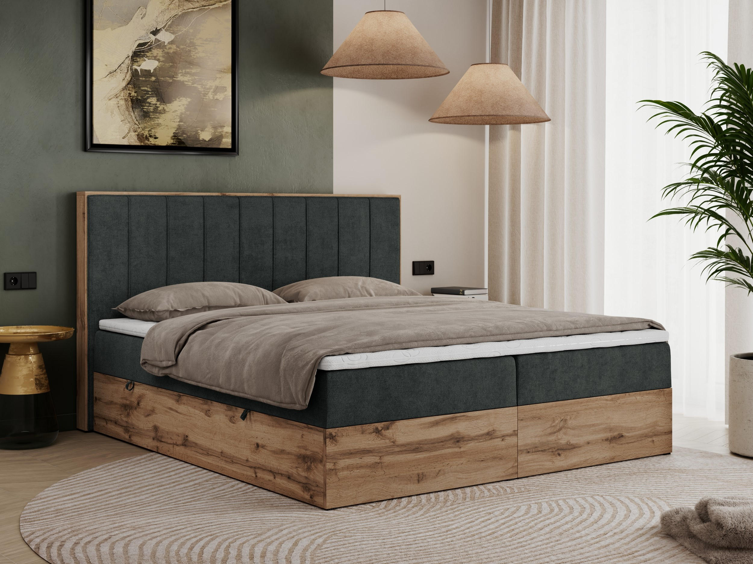 Thumbnail - MKS Boxbett, Dunkelgrau, Textil, 2-Sitzer, H3, Rechteckig, 140x200 cm, Schlafzimmer, Betten, Boxspringbetten