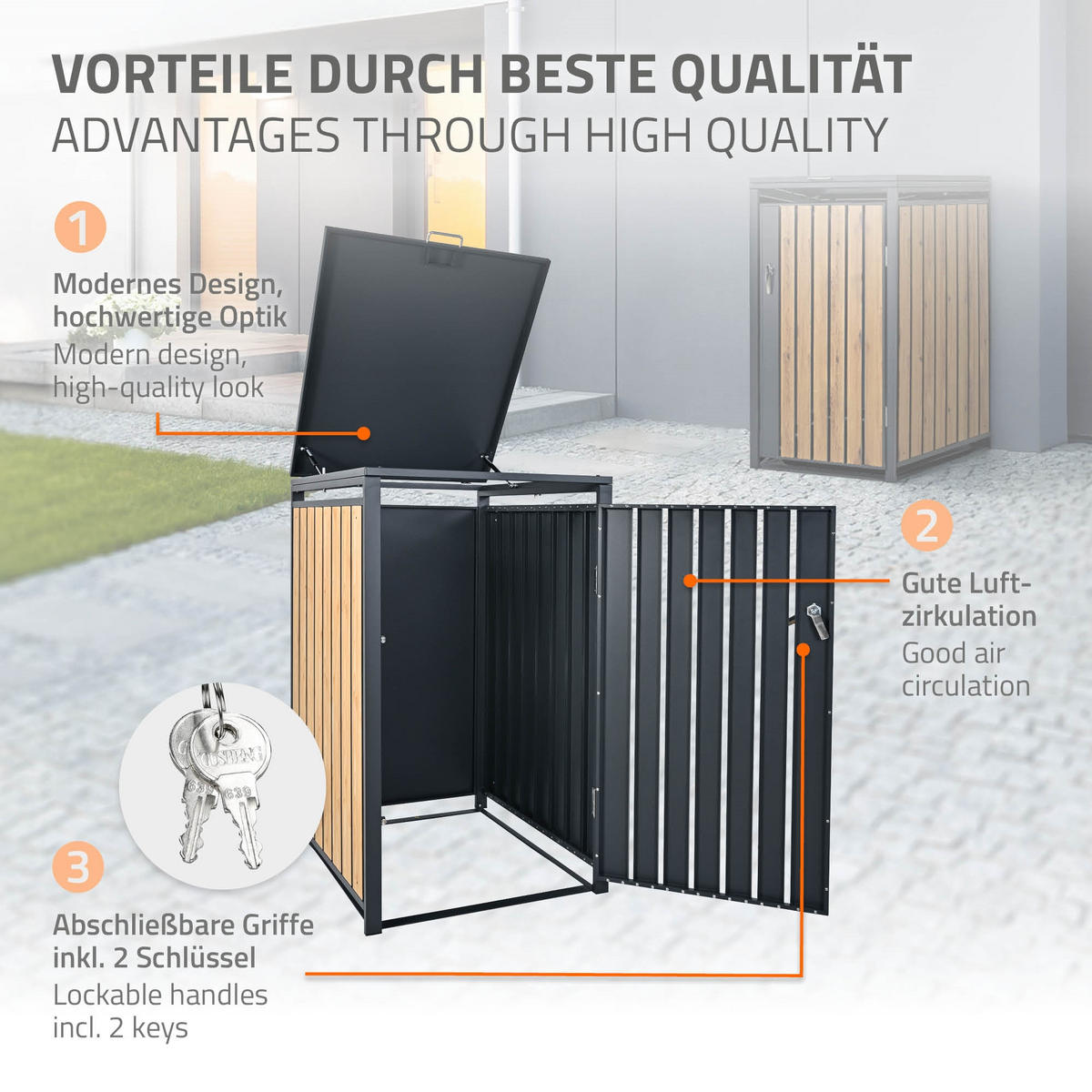 MÜLLTONNENBOX 1er Anthrazit-Lärchenoptik - Naturfarben, Metall (80/116.3/68cm) - ML-DESIGN