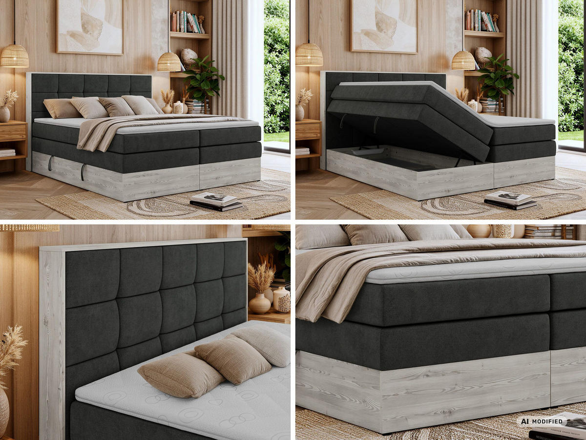 BOXSPRINGBETT ALNOR KING 160/200 - Dunkelgrau Stukture - Topper T25 - H4 - Dunkelgrau/Schwarz, Kunststoff/Textil (160/200cm) - MKS