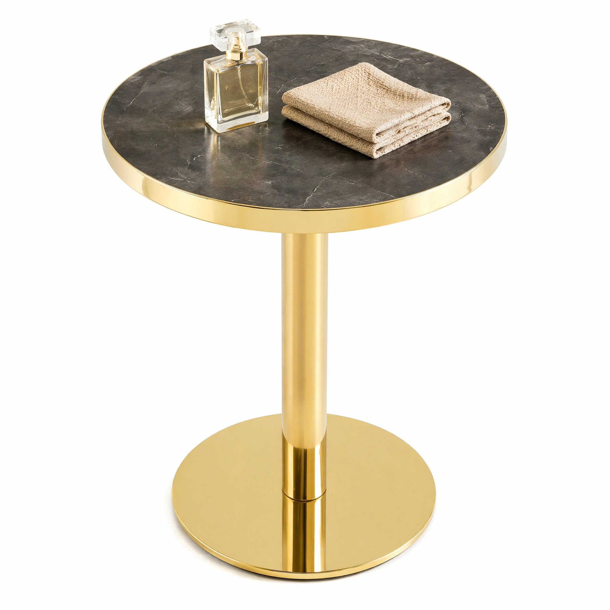 BARTISCH in Grau|Goldfarben Beistelltisch mit Marmoroptik-Tischplatte und Edelstahlgestell, B60/T60/H74cm - Goldfarben/Grau, Holzwerkstoff/Metall (59.5/59.5/73.5cm) - STILVORA