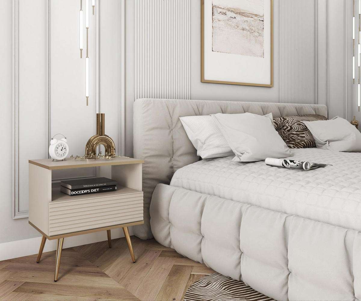 NACHTTISCH BANFF STO2-1S Goldene Metallbeine, geriffelte Fronten, Beige - Beige, Holzwerkstoff/Kunststoff (54/59/39cm) - Komodee