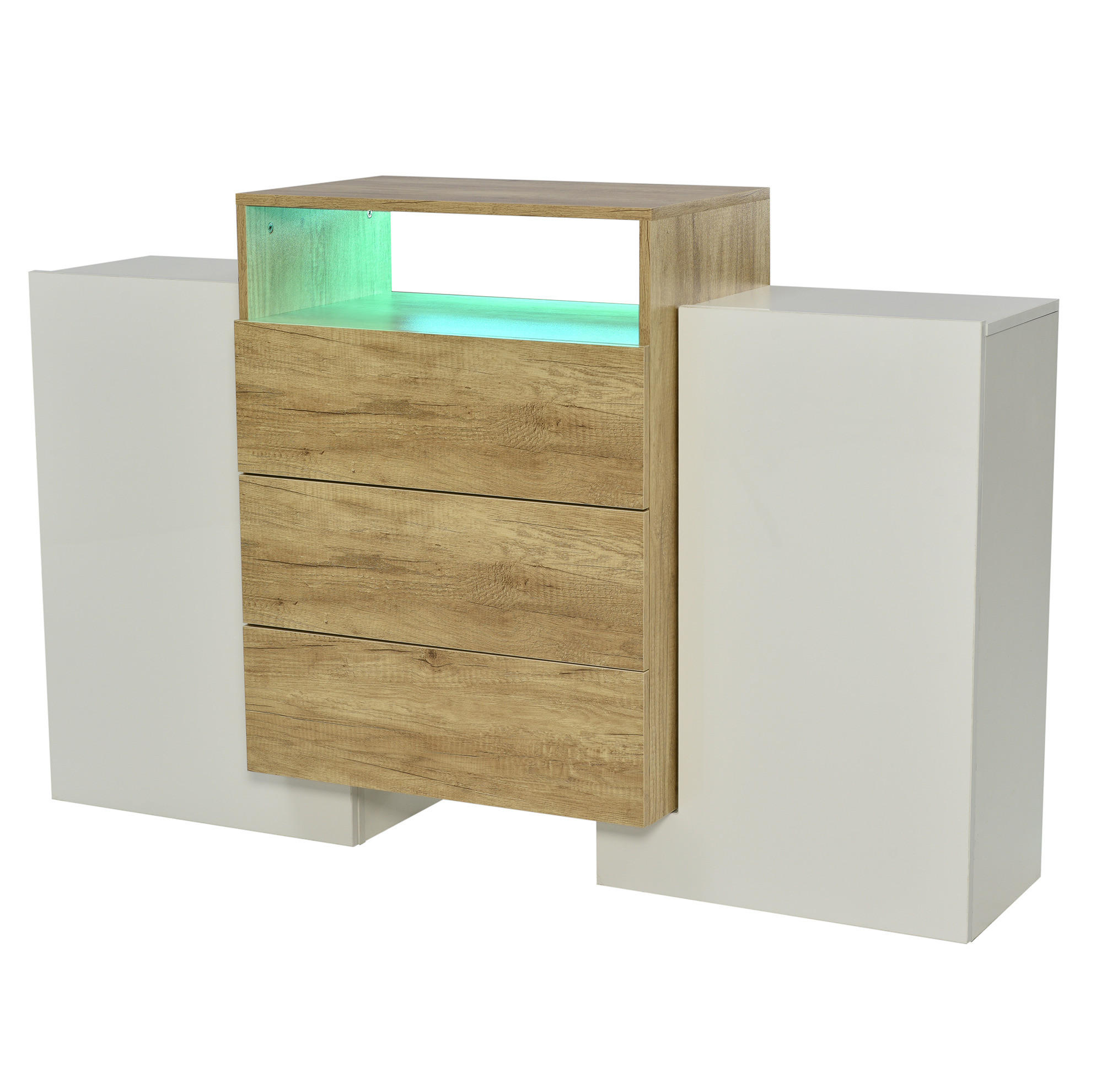 SIDEBOARD aus MDF in Hochglanz mit Holzoptik, 2 Türen, 3 Schubladen, mehrfarbiges LED-Strip, 140/30/77,5 cm, Weiß - Weiß, Holzwerkstoff (140/77.5/30cm) - Redom