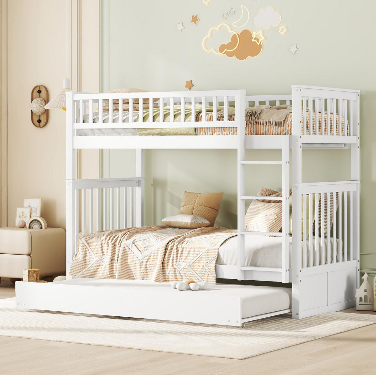 ETAGENBETT 90/200 cm weiß mit Ausziehbett und stabiler Treppe - Weiß, Holz (90/200cm) - OKWISH