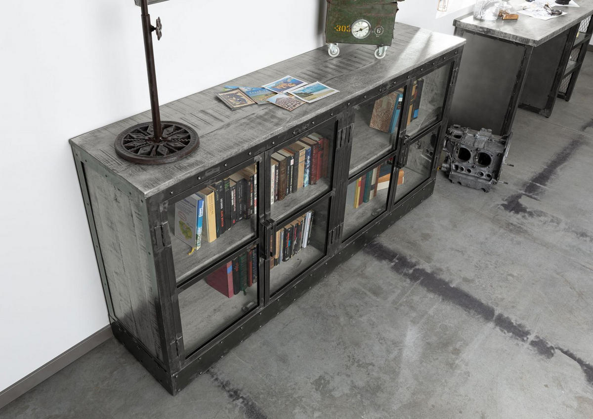 SIDEBOARD Mango 180x40x90 grau lackiert HEAVY INDUSTRY #152 - Grau, Holz (180/90/40cm) - Massivmoebel24