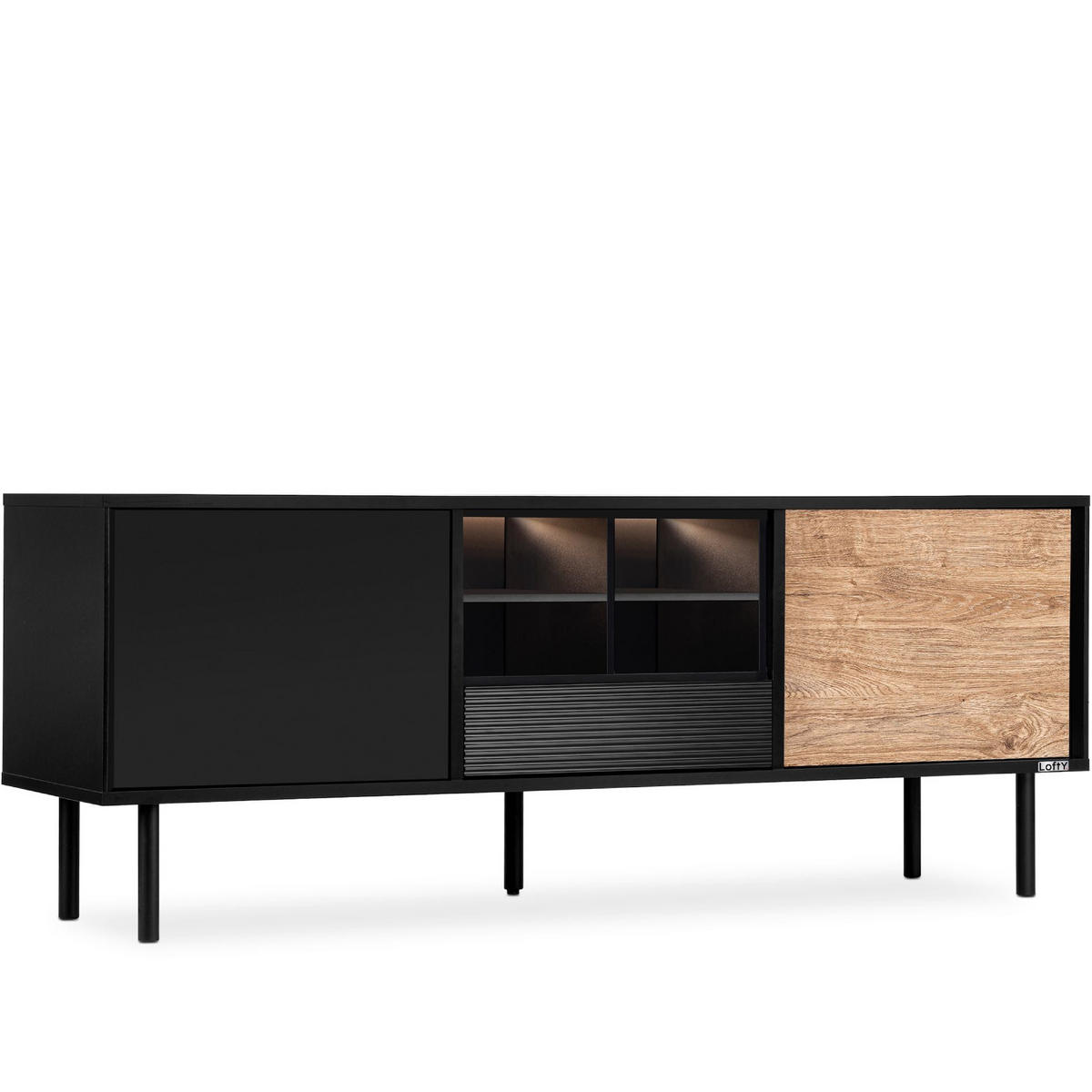 LOWBOARD LOFTY Loft-Stil, schwarz - Eichefarben/Schwarz, Holzwerkstoff (152/59/41cm) - KONSIMO®