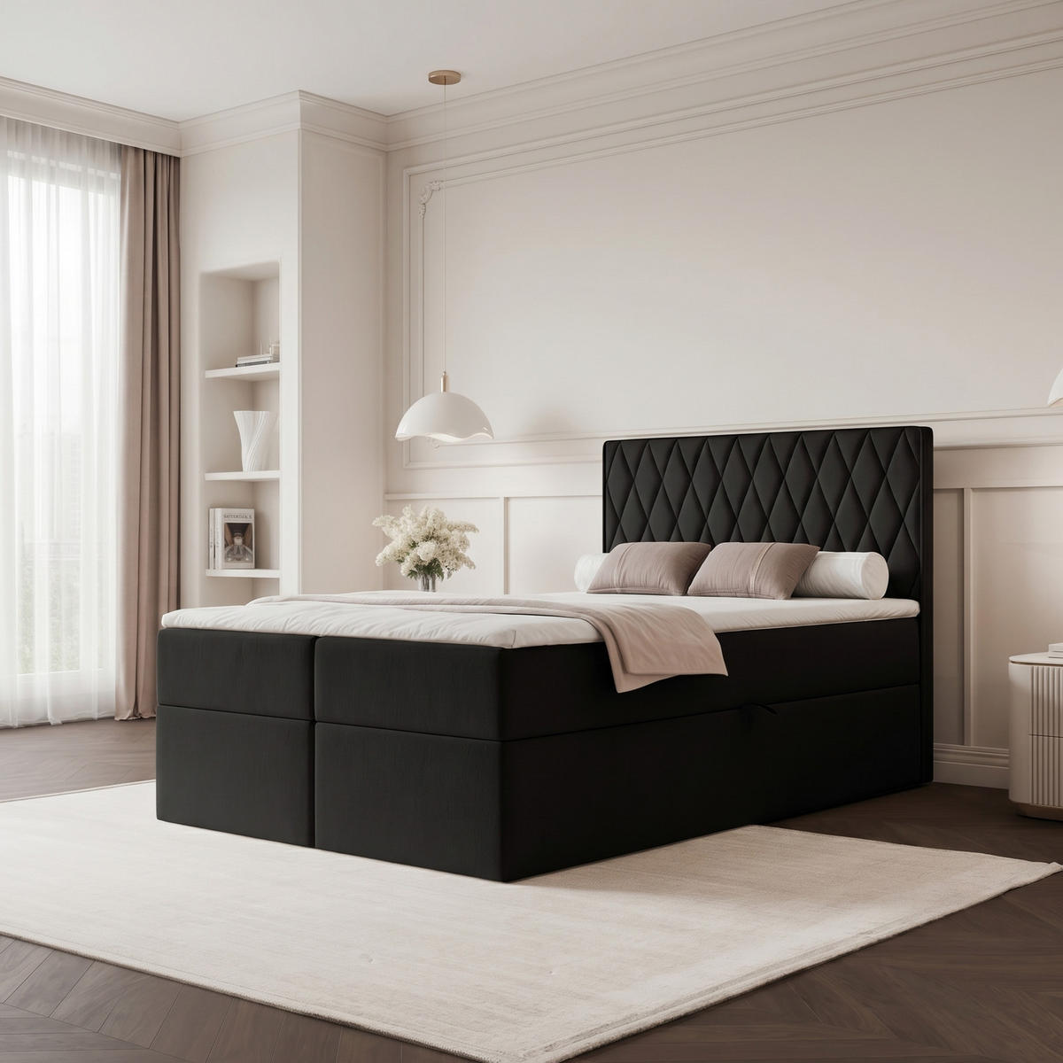 BOXBETT PONTI 120x200 cm Schwarz (Samt) - mit 2 Bettkästen, Bonellmatratze und vertikaler Rautensteppung - Schwarz, Holzwerkstoff/Textil (120/200cm) - Ravio
