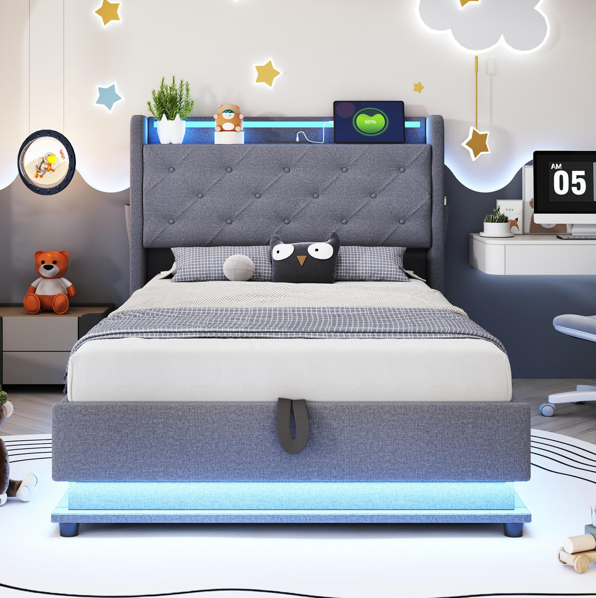 POLSTERBETT 90/200 cm Grau mit LED-Beleuchtung, Stauraum und USB-Anschlüssen - Grau, Textil (90/200cm) - Flora Grace