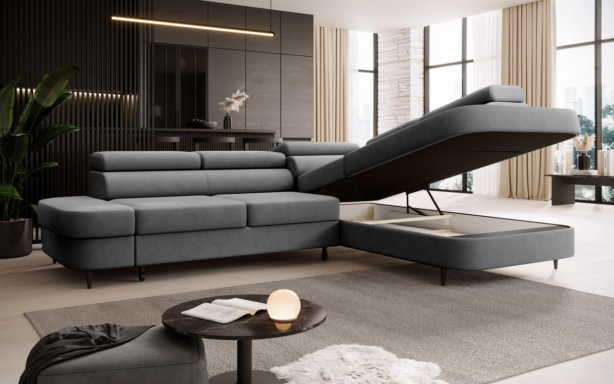 ECKSOFA Priam L-Form mit Schlaffunktion und Stauraum Modern Form Grau - Grau, Holz/Textil (275/203cm) - Muffo