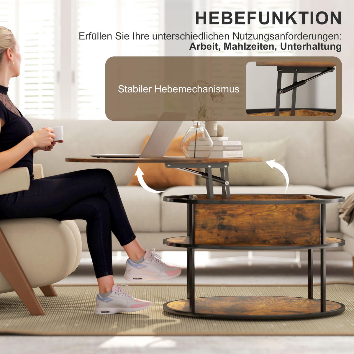 COUCHTISCH Höhenverstellbarer mit Ablagefläche, Braun - Braun, Metall (80/80/61.5cm) - HOMCOM