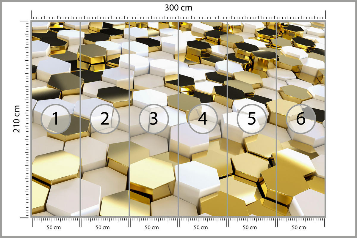 FOTOTAPETE für Büro Futuristisch Goldene Hexagone Formen Geometrie 300x210 - Gelb/Goldfarben, Papier (300/210cm) - Muralo