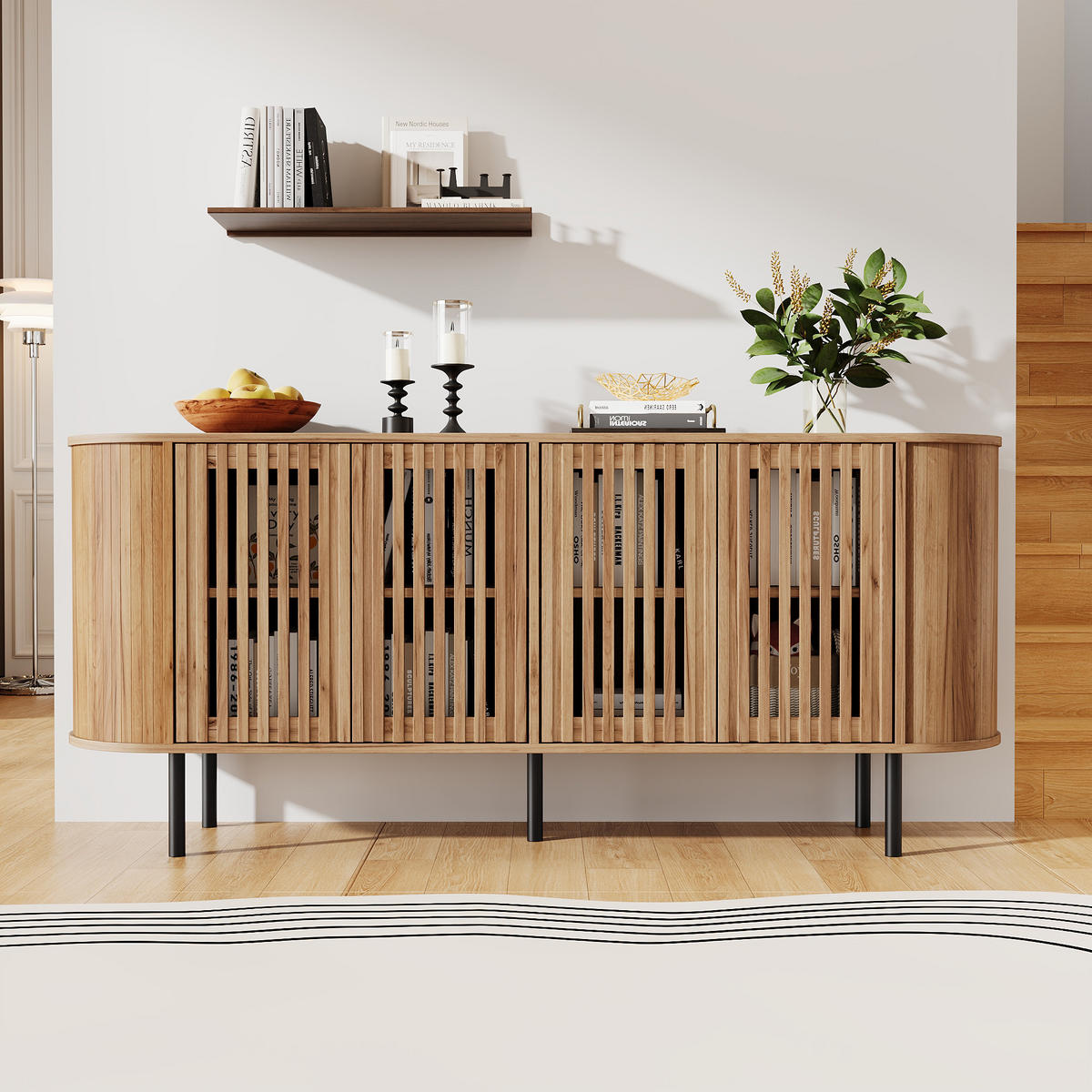 SIDEBOARD 160x40x70cm Naturholz mit 4 Schiebetüren - Naturfarben, Holzwerkstoff (160/70/40cm) - FLIEKS