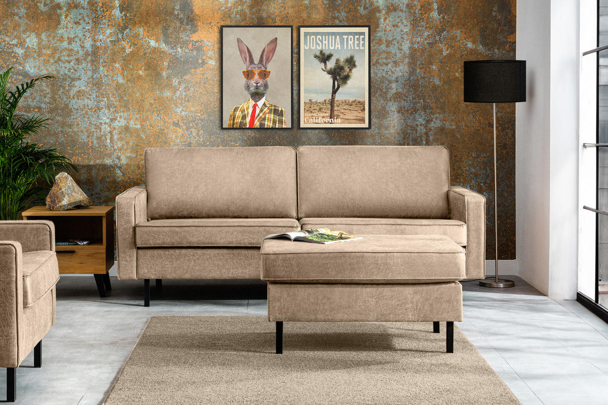 3-SITZER-SOFA INVIA Klassische-Stil mit Armlehnen, Lederoptik-Stoff, beige - Beige/Schwarz, Textil (209/87/98cm) - KONSIMO®