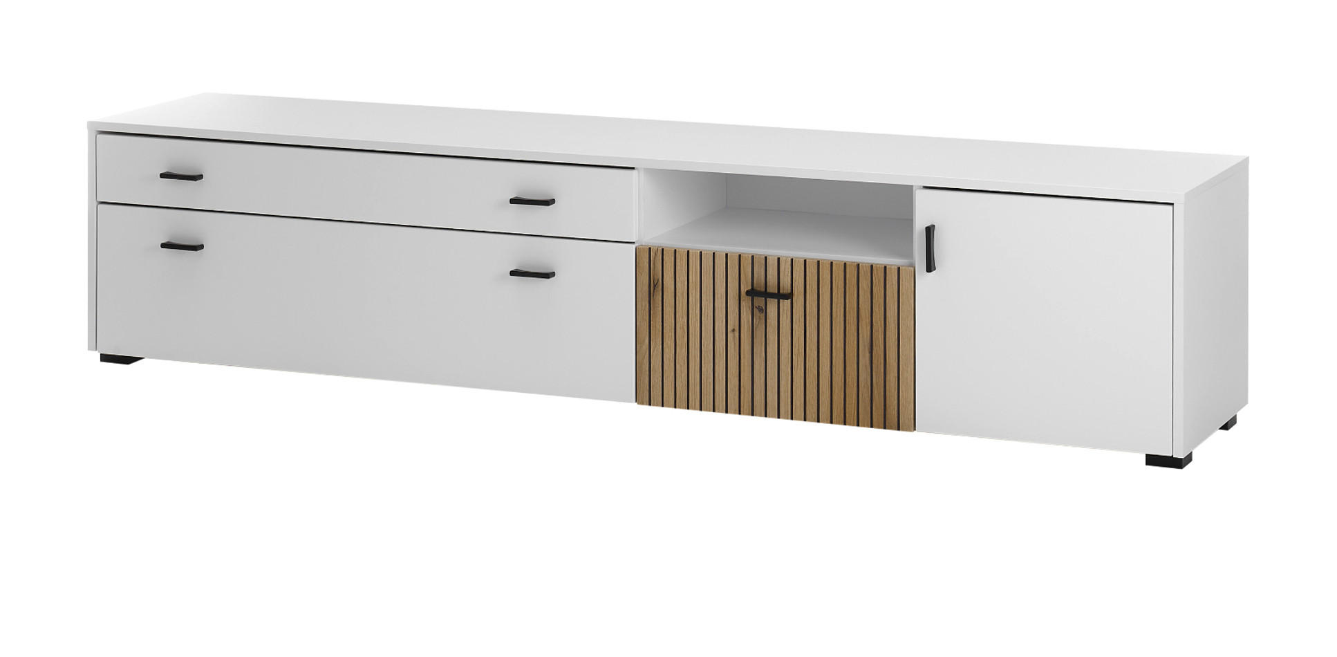 TV-LOWBOARD weiß matt, Eiche 200 cm, Flat-TV Unterschrank mit Soft-Close - Eichefarben/Schwarz, Holzwerkstoff/Kunststoff (200/44/42cm) - Furn.Design