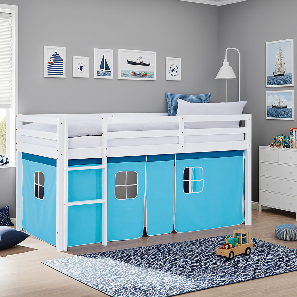 HOCHBETT 90/200 cm in weiß Bettvorhang blau - Blau/Weiß, Holz - Homestyle4u