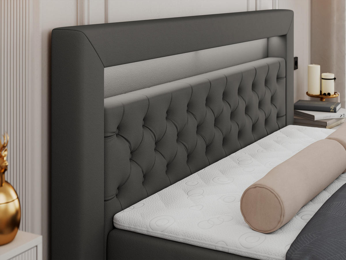 BOXBETT GOLD-6 LED 120/200 Dunkelgrau Kunstleder - H3 - Dunkelgrau, Holz/Textil (120/200cm) - MKS