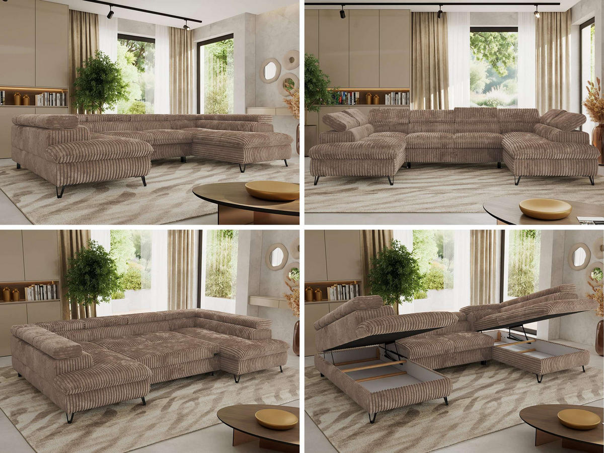 WOHNLANDSCHAFT PABLO U Cord Braun mit Topper T25 - Schwarz/Braun, Textil/Metall (346/76/208cm) - MKS