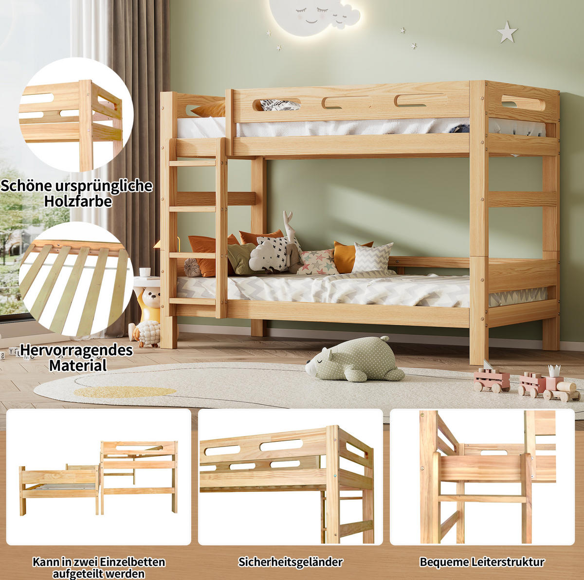 ETAGENBETT aus Kiefernholz 90x200 cm Natur, teilbar in 2 Einzelbetten - Naturfarben, Holz (90/200cm) - IVMEU