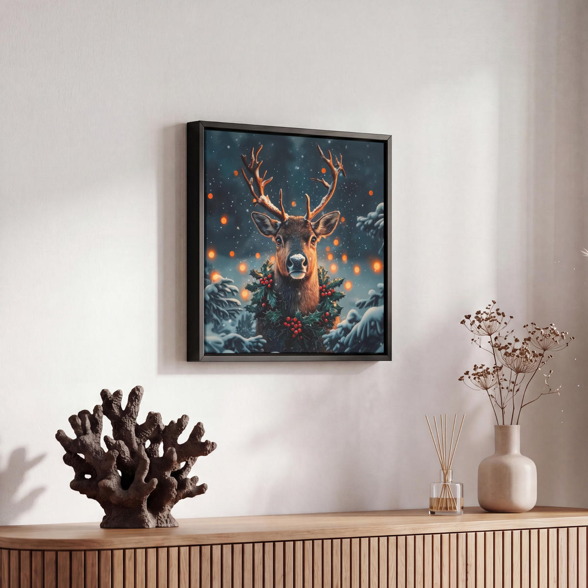 LEINWAND Bilder mit Rahmen - Hirsch - Weihnachten - Winter - Schnee - Weihnachtskranz - 20x20 - Dunkelbraun, Textil (20/20cm) - MuchoWow